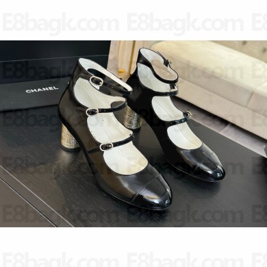 CHANEL Mary Janes Shiny Calfskin Black heel 4cm 2024 