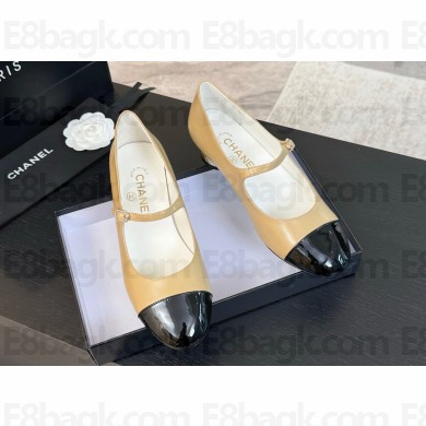 CHANEL Shiny Calfskin Patent Calfskin beige Black Mary Janes G45952 2024