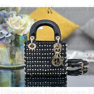 Lady Dior Micro Bag in Black Calfskin with Embroidered Strass 01 2024