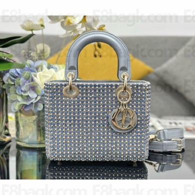 Lady Dior Micro Bag in Blue Calfskin with Embroidered Strass 2024