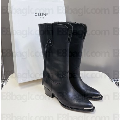 CELINE Black leather fringed boots heel4.5cm 2024