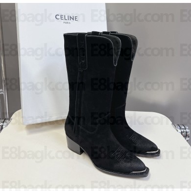 CELINE Black suede fringed boots heel4.5cm 2024