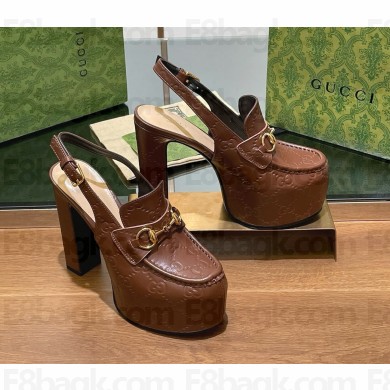 gucci Women's Horsebit platform loafer slingback brown heel 14cm 2024