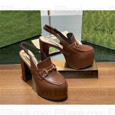 gucci Women's Horsebit platform loafer slingback brown heel 14cm 02 2024