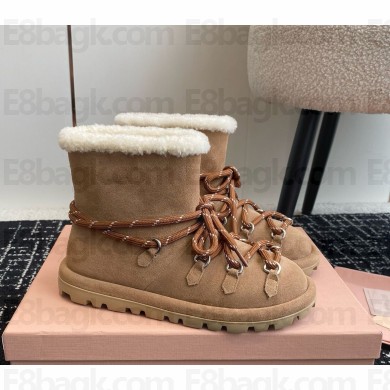 Miu Miu lace-up shearling suede booties in brown 2024