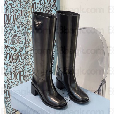 Prada Leather boots Black with Enameled metal triangle logo 2024