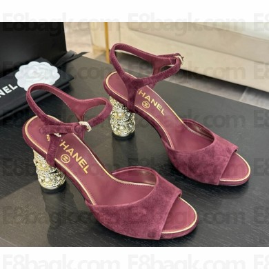 Chanel Sandals Suede Kidskin, Imitation Pearls, Strass & Metal Burgundy G46097 heel 8.5cm 2025