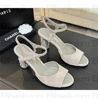 Chanel Sandals Suede Kidskin, Imitation Pearls, Strass & Metal Light Gray G46097 heel 8.5cm 2025