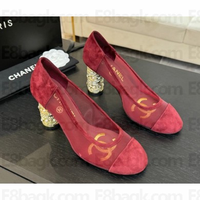 Chanel mesh and suede pumps Imitation Pearls, Strass & Metal Burgundy heel 8.5cm 2025