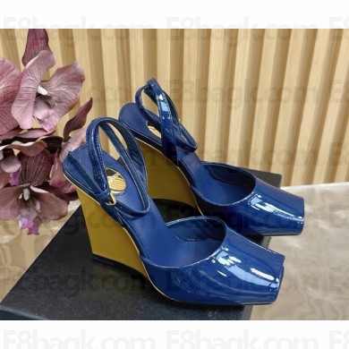 Saint Laurent la scandale wedges in patent leather Blue heel 11cm 2025