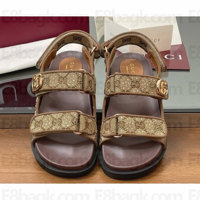 Gucci Women's sandal with Double G and crystal Beige and dark brown GG canvas 2025