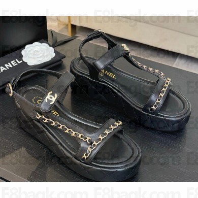 Chanel lambskin platform sandals with chain black 2025 