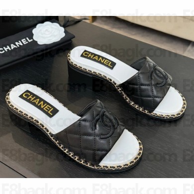 Chanel lambskin slippers with chain black 2025 
