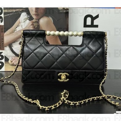Chanel Small Shopping Bag Shiny Lambskin, Imitation Pearls & Gold-Tone Metal AS5413 Black 2025