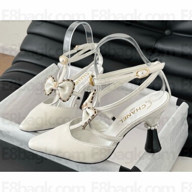 Chanel pointed sandals with bow white leather heel 8cm 2025