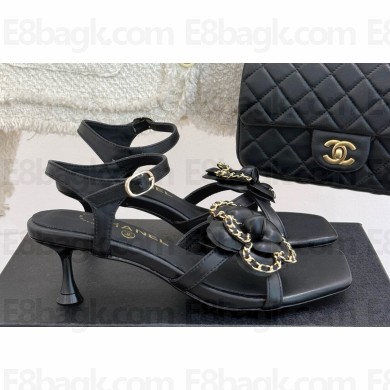 Chanel women's Camellia leather sandals Black heel 5cm 2025