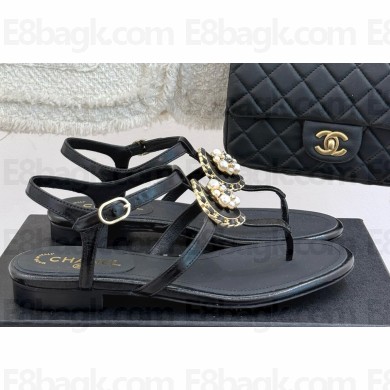 Chanel Camellia Flat flip flops with pearl sandals black leather 2025