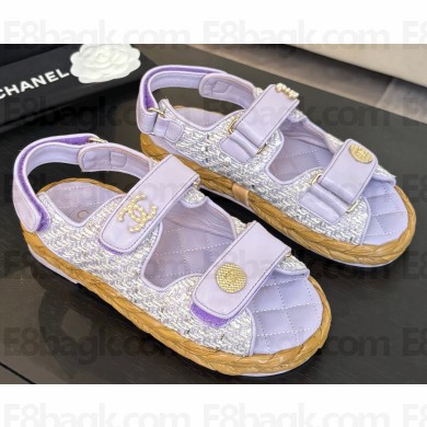 Chanel women's braided rope flat sandals purple 2025