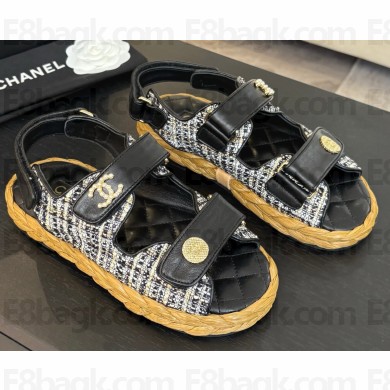 Chanel women's braided rope flat sandals black 2025