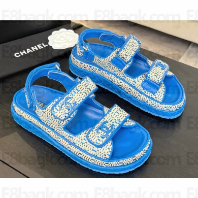 Chanel women's knit flat sandals blue 2025