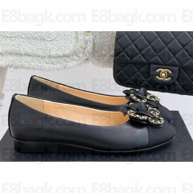 Chanel Camellia and chain Leather&Grosgrain Ballet Flats Black 2025