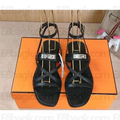 Hermes June Sandals in Black Leather 2025