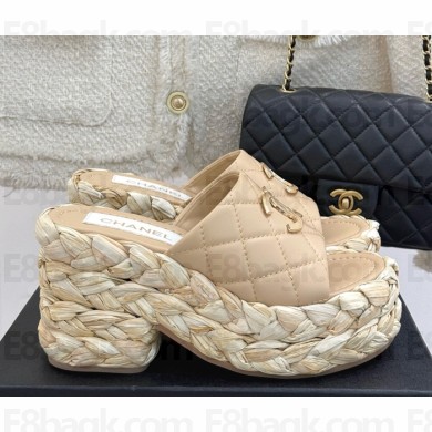 Chanel calfskin platform double C slipper beige heel 8cm 2025