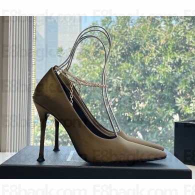 Saint Laurent 105mm Régine pumps with chain-link detailing olive green silk 2025 