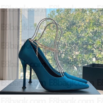 Saint Laurent 105mm Régine pumps with chain-link detailing blue silk 2025 