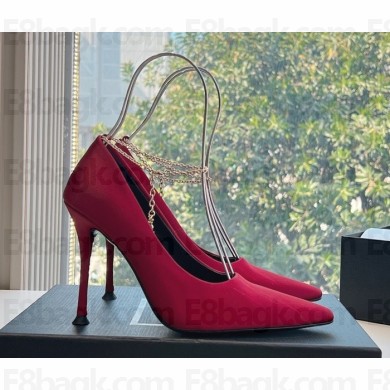 Saint Laurent 105mm Régine pumps with chain-link detailing red silk 2025 