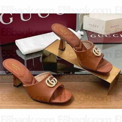 Gucci Heel 7.5cm Crystal Double G Slides Sandals brown calf Leather 2025