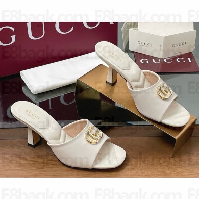 Gucci Heel 7.5cm Crystal Double G Slides Sandals white calf Leather 2025