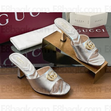 Gucci Heel 7.5cm Crystal Double G Slides Sandals silver calf Leather 2025