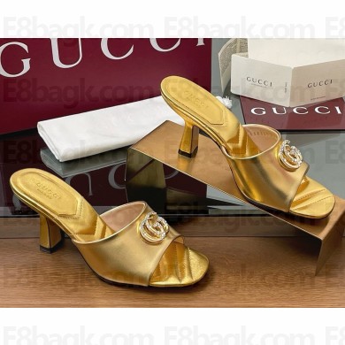 Gucci Heel 7.5cm Crystal Double G Slides Sandals gold calf Leather 2025