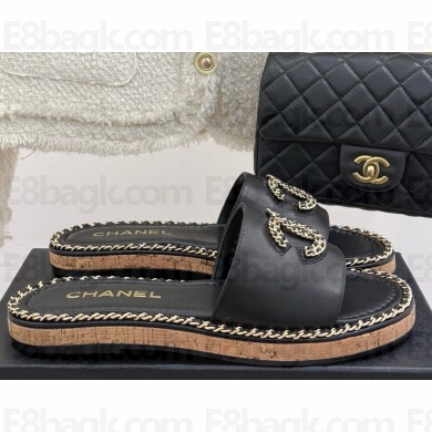 Chanel Double C with chain slipper black leather 2025 