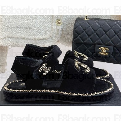 Chanel Double C with chain sandals black velvet 2025