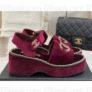 Chanel platform Double C with chain sandals burgundy velvet 2025