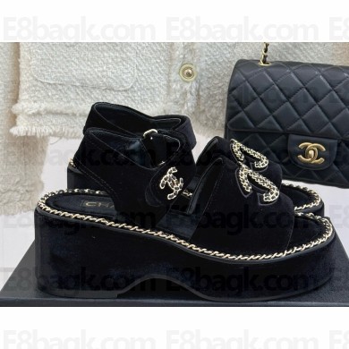 Chanel platform Double C with chain sandals black velvet 2025
