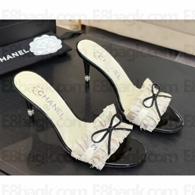 Chanel white Fabric Trim Bow Slide Sandals heel 8cm 2025