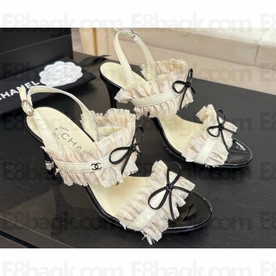 Chanel white Fabric Trim Bow Sandals heel 8cm 2025