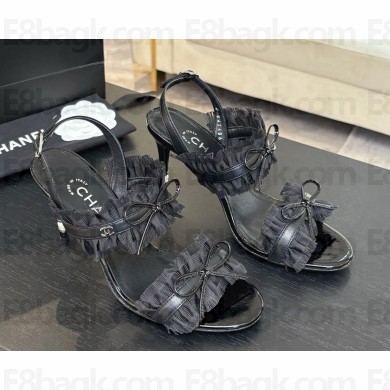 Chanel Black Fabric Trim Bow Sandals heel 8cm 2025