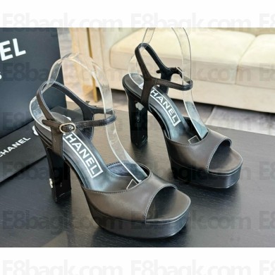 Chanel heel 12cm platform 3cm leather sandals black 2025