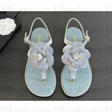 Chanel flat Camellia suede flip-flop sandals light blue 2025