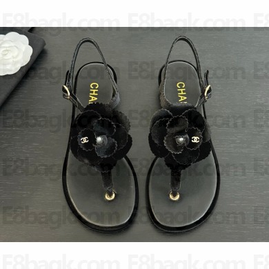 Chanel flat Camellia suede flip-flop sandals black 2025