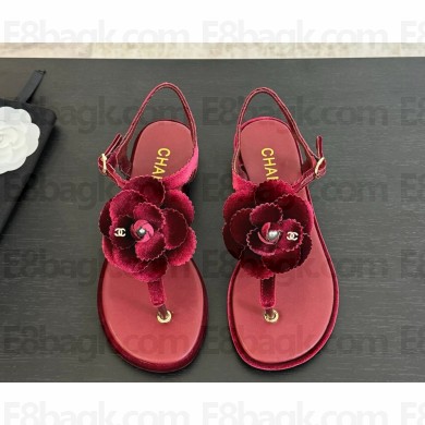 Chanel flat Camellia suede flip-flop sandals red 2025