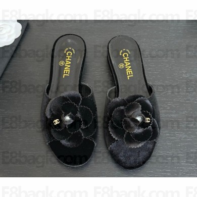Chanel flat Camellia suede slipper black 2025