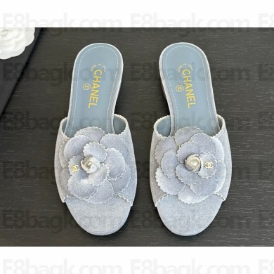 Chanel flat Camellia suede slipper lihgt blue 2025
