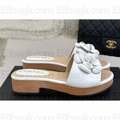 Chanel Camellia lambskin slippers heel 4cm white 2025