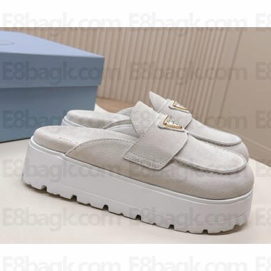 Prada flatform with metal triangle logo mule white suede 2025