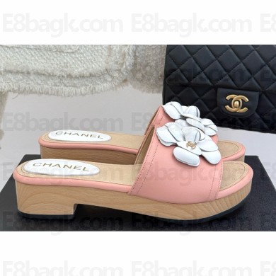 Chanel Camellia lambskin slippers heel 4cm white/pink 2025